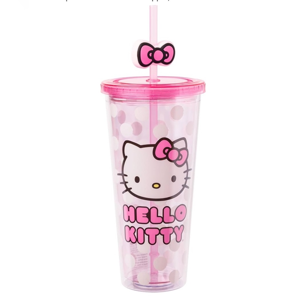 Sanrio Hello Kitty Bow Pink Polka Dots Plastic Cold Cup with Lid/ Straw Topper